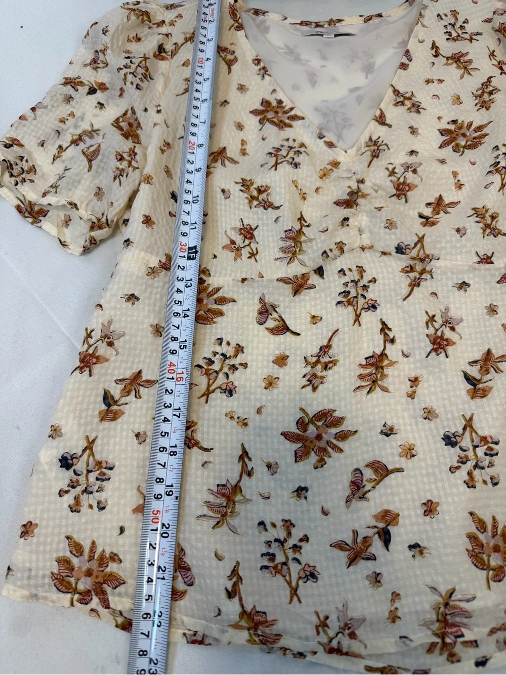 Madewell Cream Floral Gingham Silk V-Neck Blouse Puff Sleeves Women’s Size 8